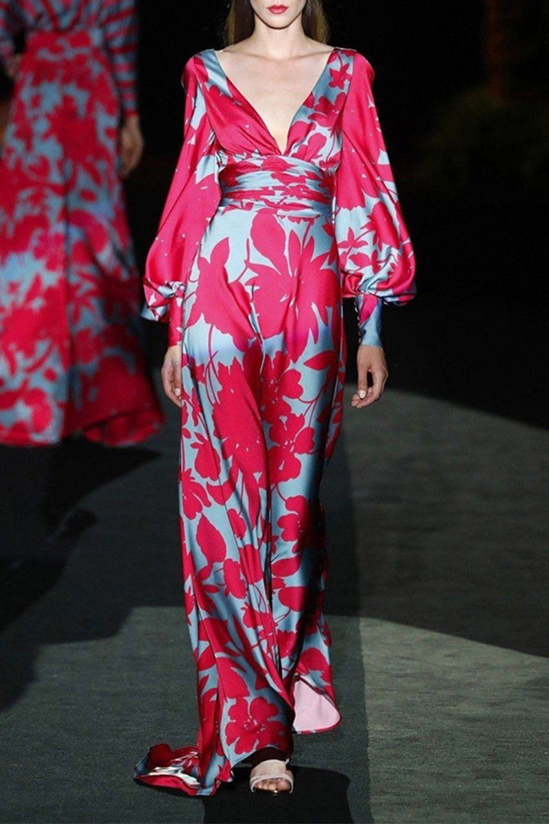 Kaynafashions - Elegant Floral Patchwork V Neck Printed Dress Dresses