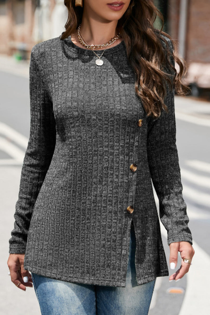 Kaynafashions - Street Solid Buttons O Neck Tops