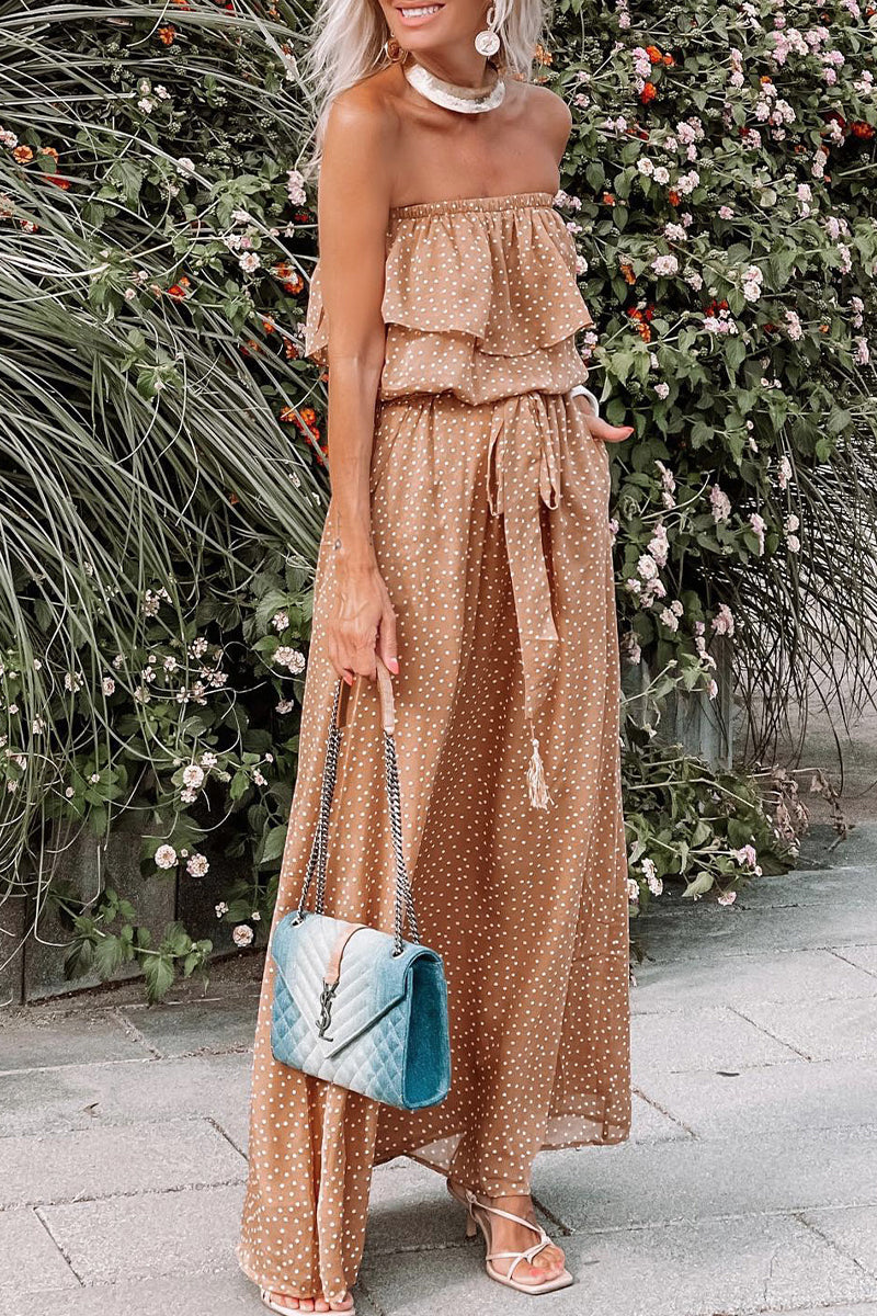 Kaynafashions - Bohemian Vacation Polka Dot Frenulum Strapless Pleated Dresses