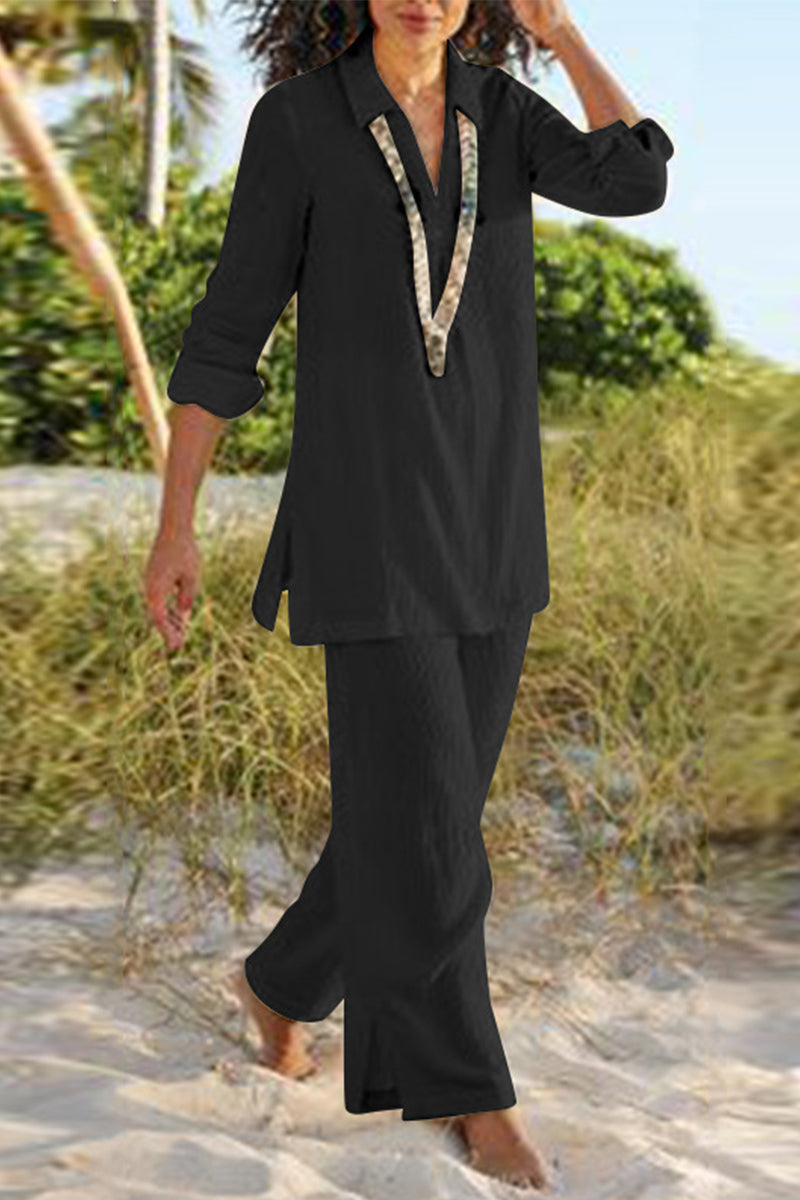 Kaynafashions - Casual Solid Slit V Neck Long Sleeve Two Pieces