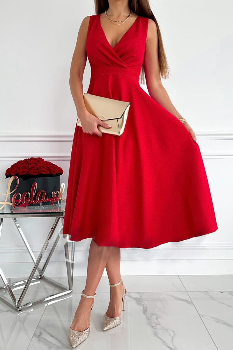 Kaynafashions - Sweet Elegant Solid Fold V Neck Sleeveless Dress Dresses