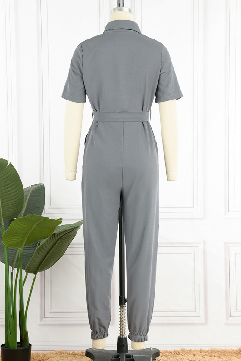 Kaynafashions - Casual Daily Solid Frenulum With Belt Turndown Collar Regular Jumpsuits(10 Colors)