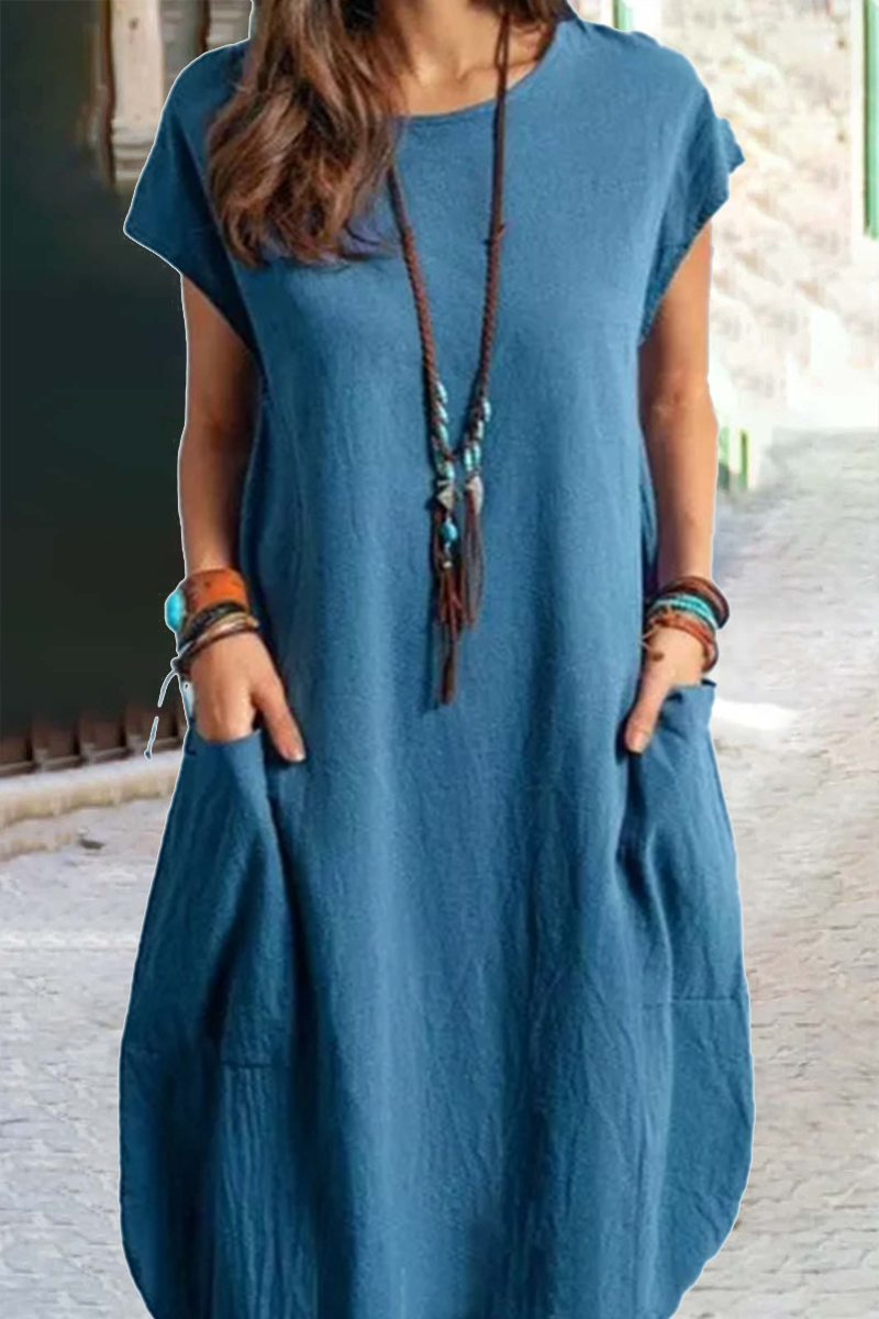 Kaynafashions - Casual Solid Patchwork O Neck Straight Dresses(5 colors)