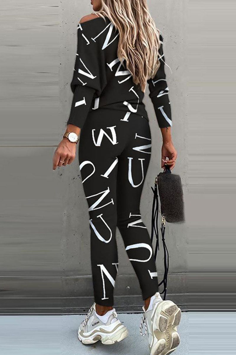 Kaynafashions - Fashion Casual Letter Oblique Collar Long Sleeve Two Pieces