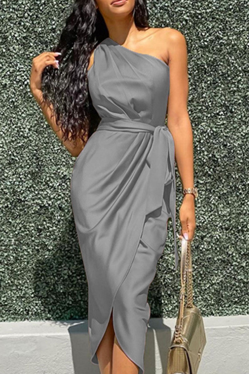 Kaynafashions - Fashion Celebrities Solid Asymmetrical One Shoulder Pencil Skirt Dresses(7 Colors)