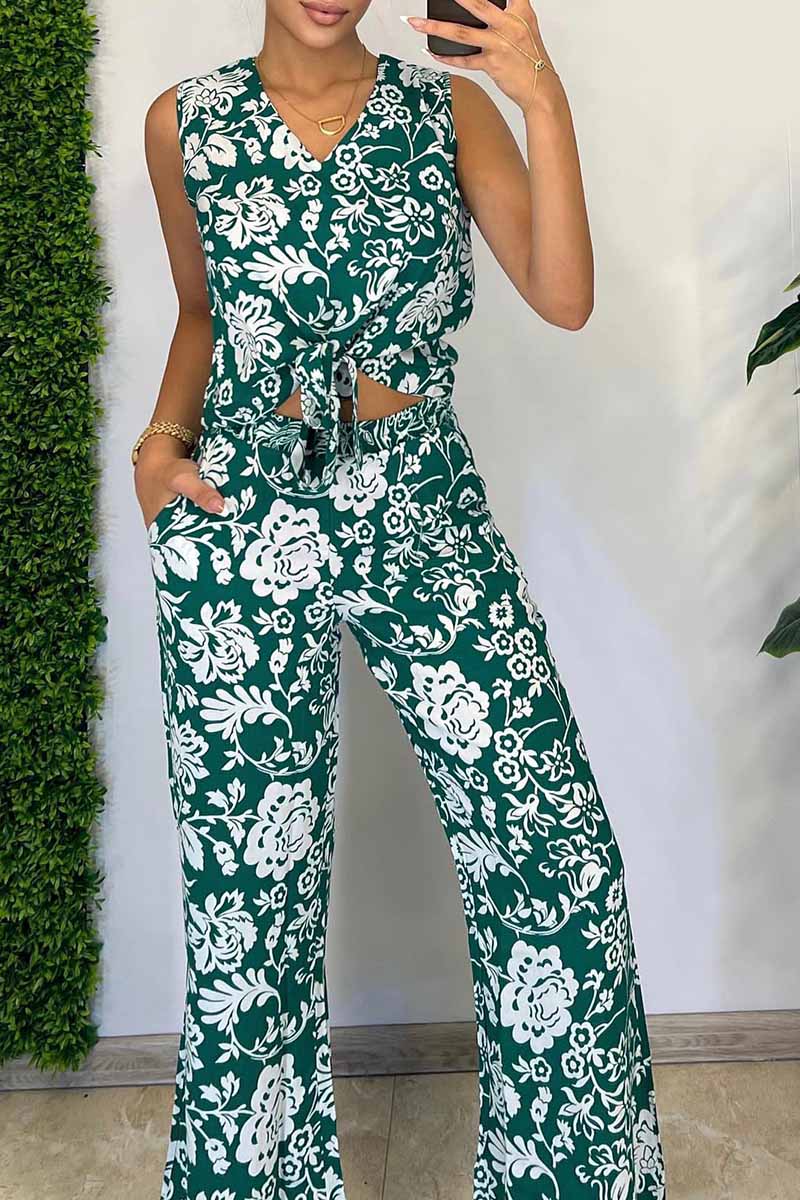 Kaynafashions - Street Print Floral Patchwork V Neck Sleeveless Two Pieces(3 Colors)