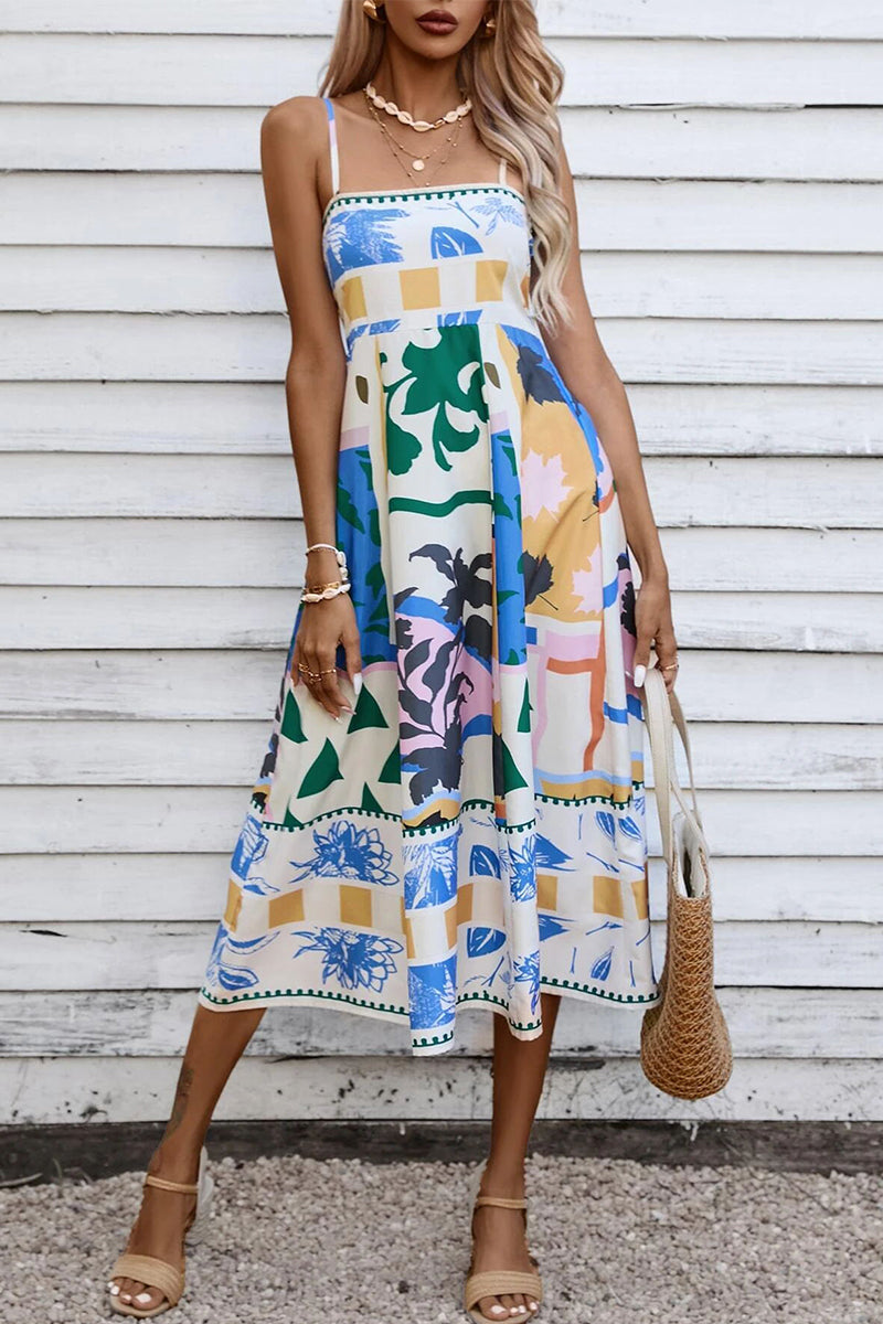 Kaynafashions - Sexy Print Patchwork Square Collar Sling Dress Dresses(3 Colors)