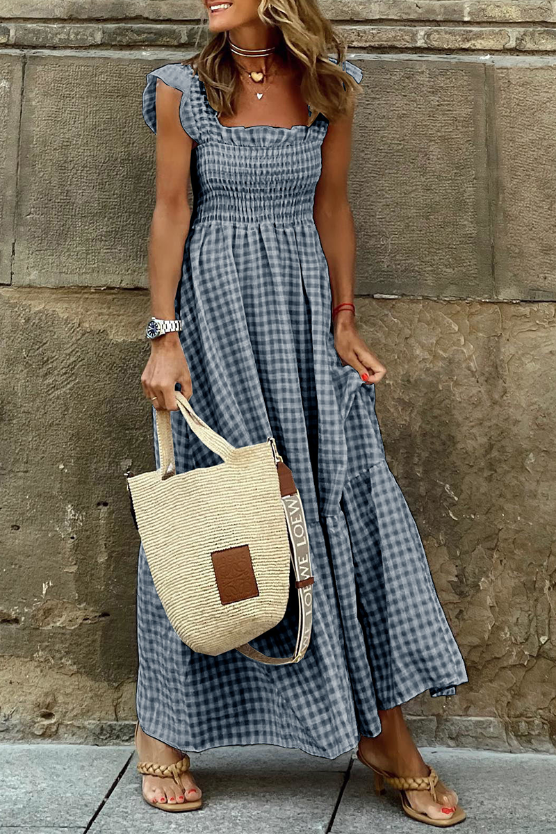 Kaynafashions - Fashion Plaid Patchwork Square Collar Cake Skirt Dresses(4 Colors)