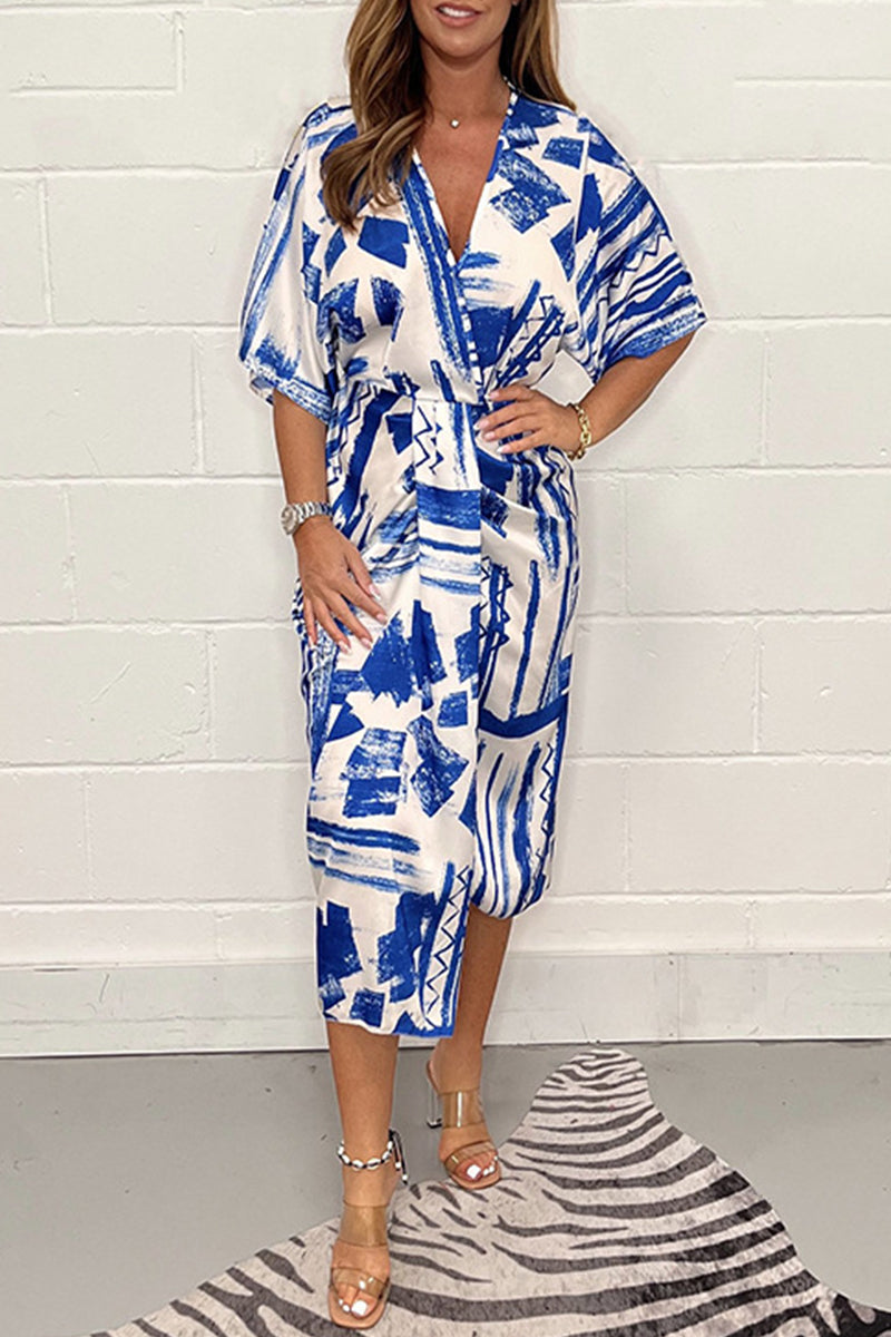 Kaynafashions - Elegant Geometric Printing V Neck Irregular Dress Dresses