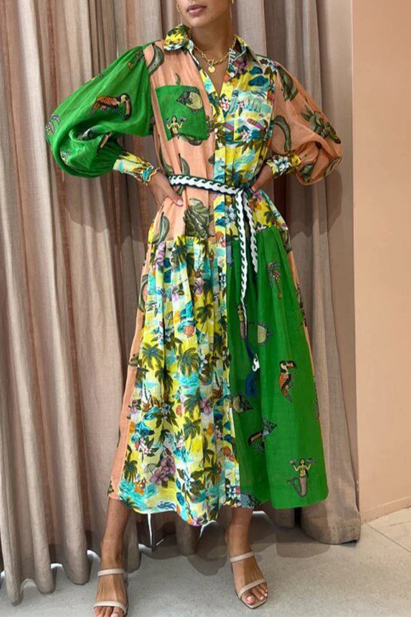 Kaynafashions - Elegant College Print Buckle Turndown Collar Waist Skirt Dresses