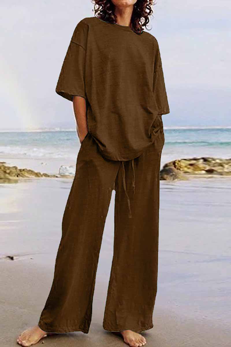 Kaynafashions - Casual Living Solid O Neck Short Sleeve Two Pieces(11 Colors)