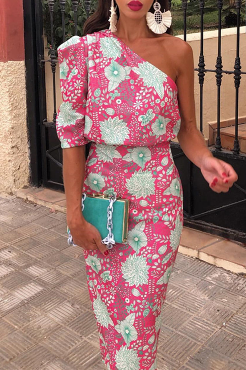 Kaynafashions - Elegant Floral Patchwork Oblique Collar Printed Dress Dresses