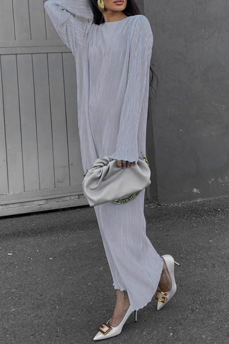 Kaynafashions - Casual Solid O Neck Pleated Dresses