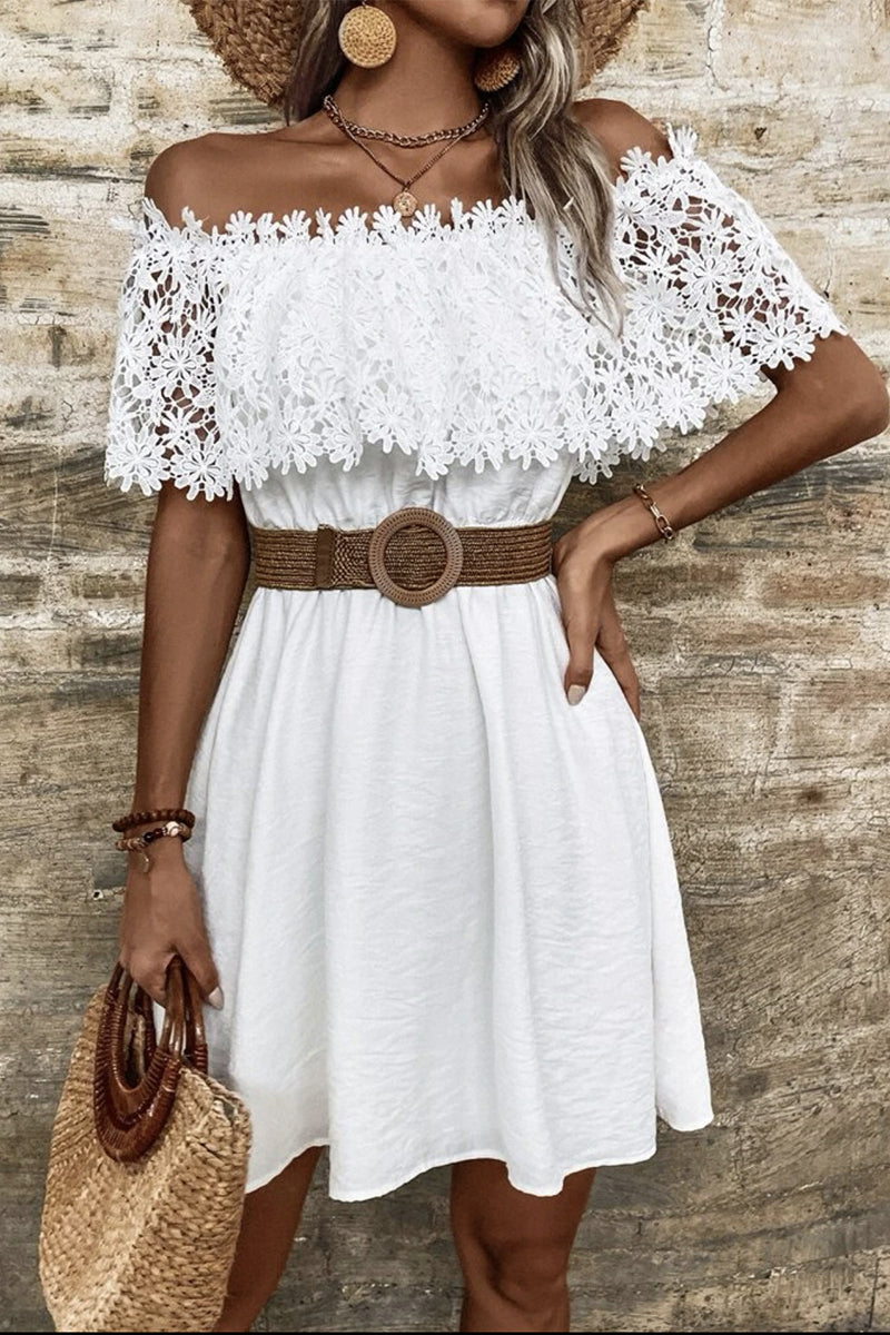 Kaynafashions - Solid Hollowed Out Without Belt Off the Shoulder A Line Dresses