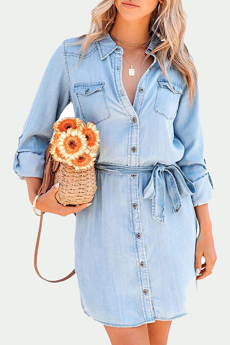 Kaynafashions - Elegant Solid Frenulum Turndown Collar Long Sleeve Loose Denim Dresses