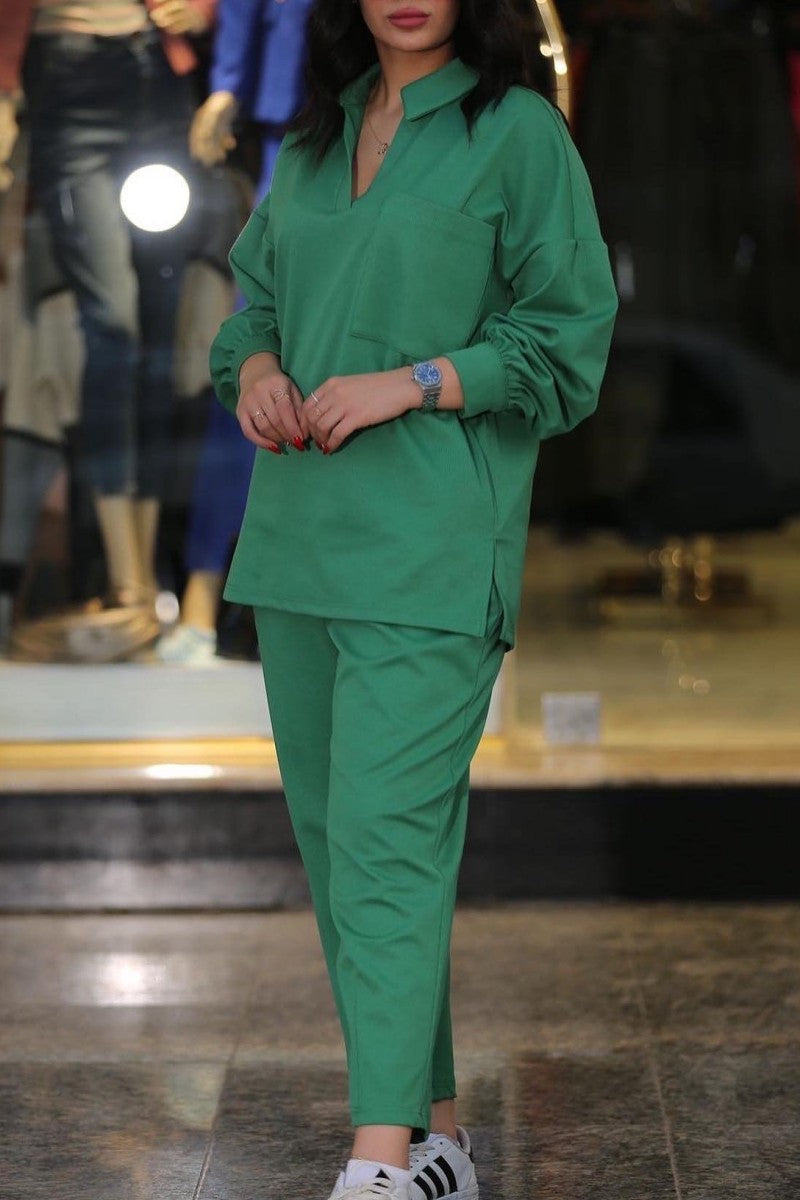 Kaynafashions - Casual Solid Patchwork Turndown Collar Long Sleeve Two Pieces