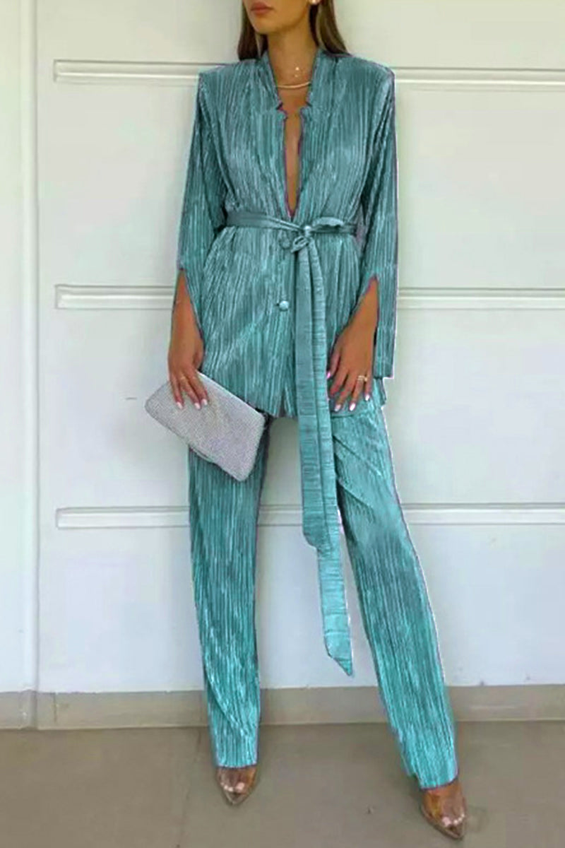 Kaynafashions - Casual Solid Fold V Neck Long Sleeve Two Pieces