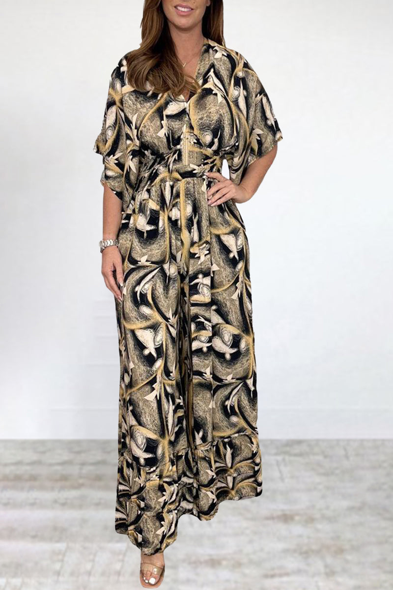 Kaynafashions - Bohemian College Print Backless V Neck Loose Jumpsuits