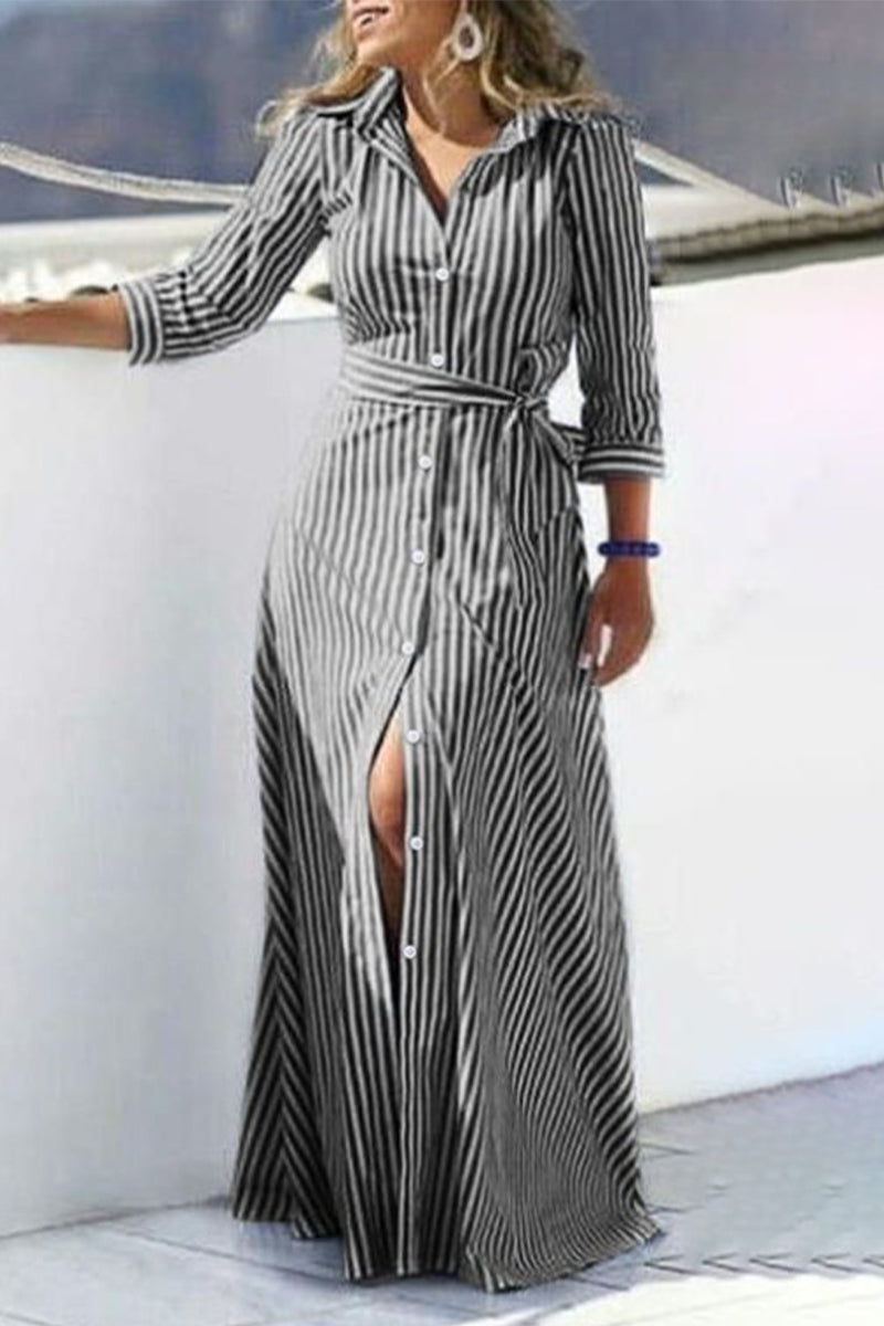 Kaynafashions - Casual Striped Patchwork Turndown Collar Shirt Dress Dresses