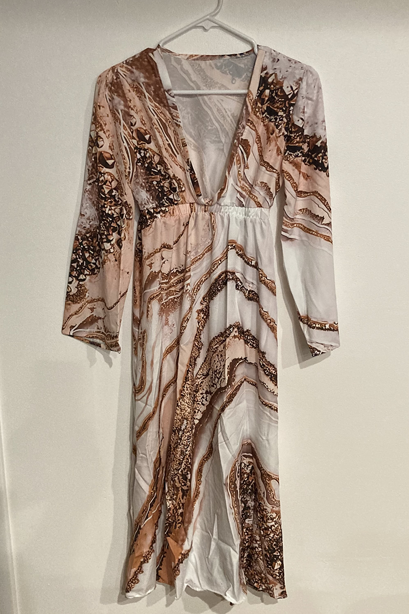 Kaynafashions - Casual Print Patchwork V Neck Printed Dress Dresses(3 Colors)