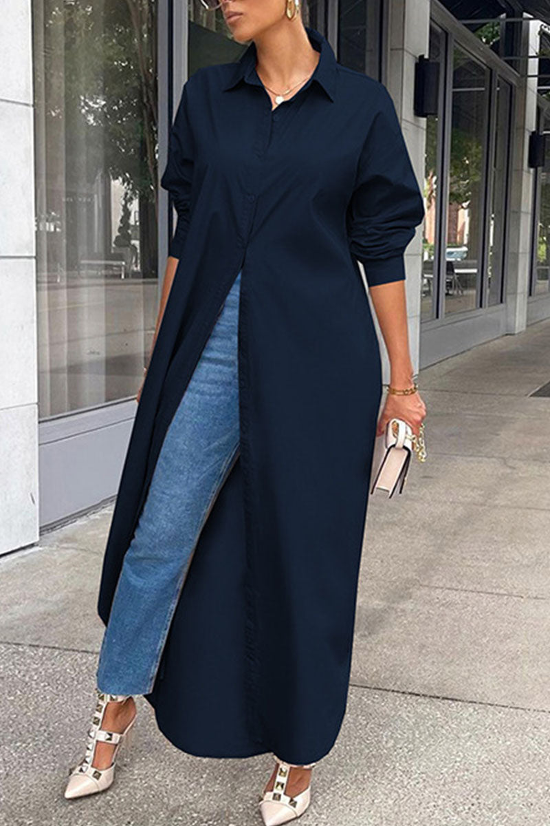 Kaynafashions - Casual Solid Patchwork Buckle Turndown Collar Tops