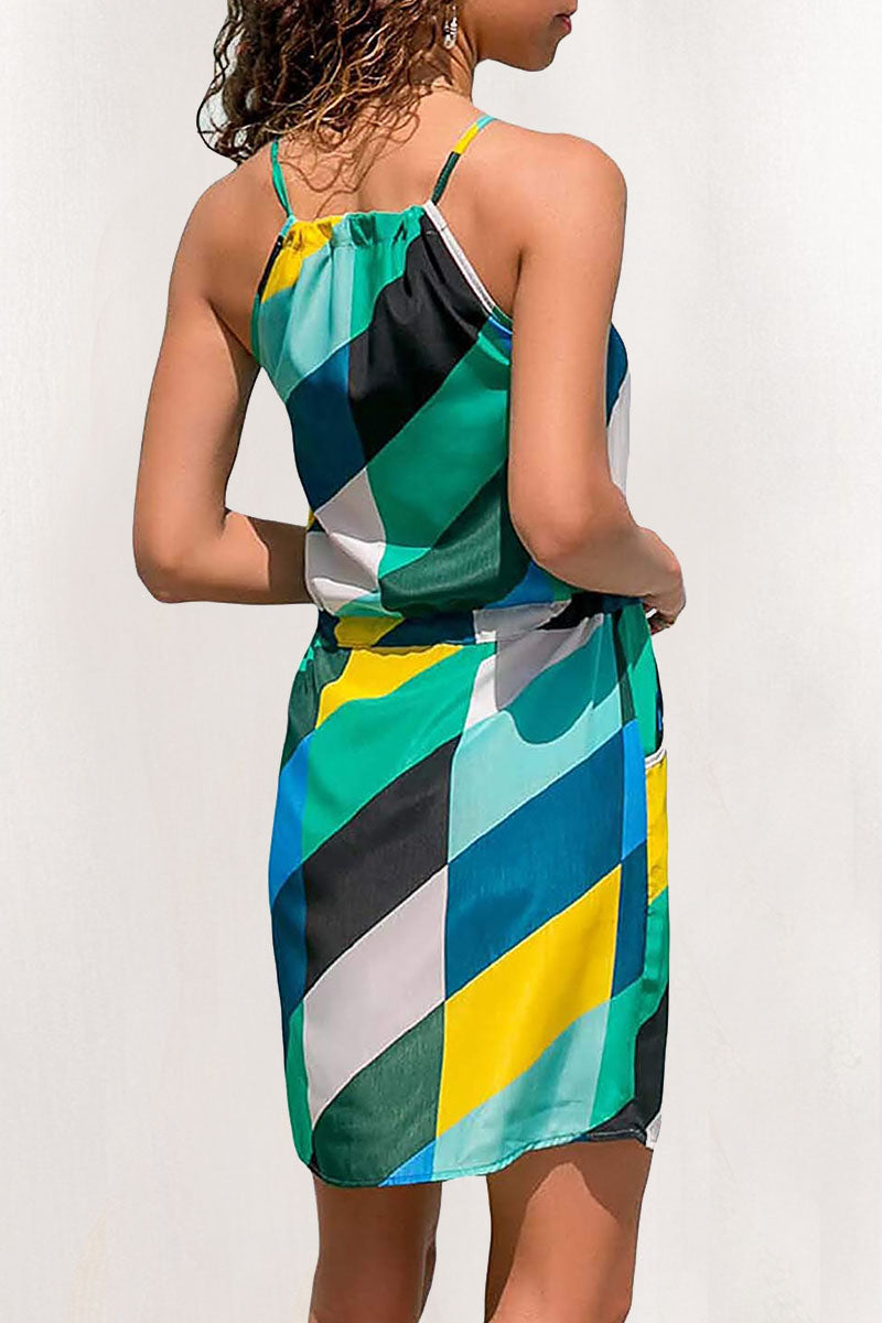 Kaynafashions - Fashion Simplicity Print Patchwork Spaghetti Strap A Line Dresses(3 Colors)