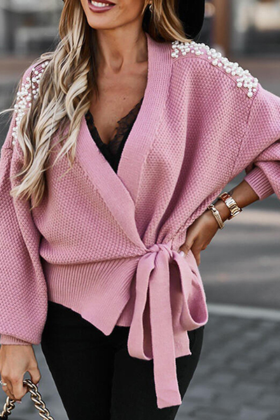 Kaynafashions - Casual Elegant Solid Beading Strap Design V Neck Sweater(3 Colors)