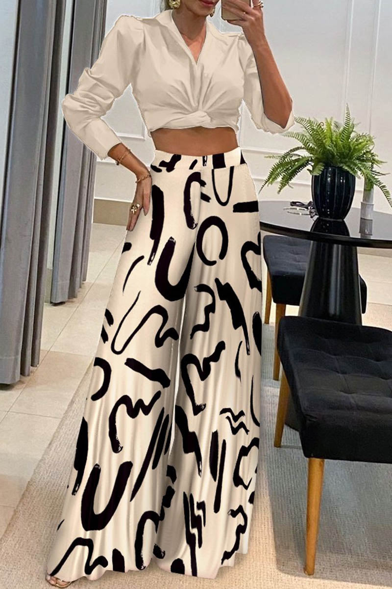 Kaynafashions - Casual Print Patchwork Turndown Collar Long Sleeve Two Pieces(2 Colors)