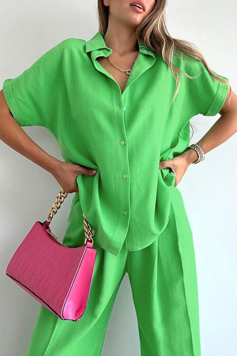 Kaynafashions - Casual Solid Patchwork Turndown Collar Short Sleeve Two Pieces