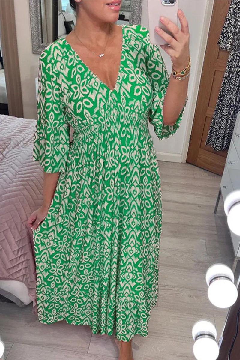 Kaynafashions - Elegant Floral Patchwork V Neck A Line Dresses(6 Colors)