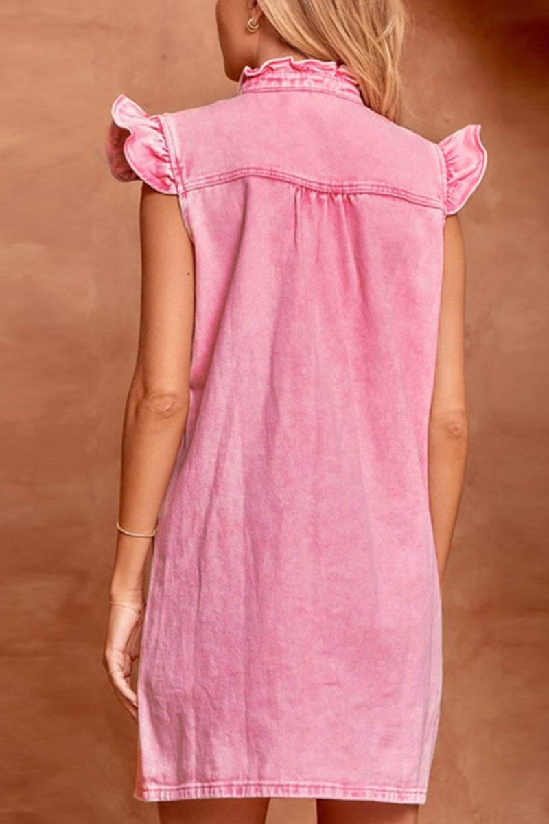 Kaynafashions - Casual Daily Solid Make Old Buckle Lotus Leaf Collar Short Sleeve Straight Denim Dresses