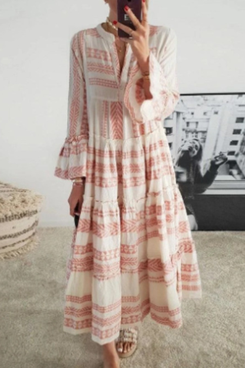 Kaynafashions - Sexy Geometric Print Flounce Asymmetrical Printing V Neck Beach Dresses