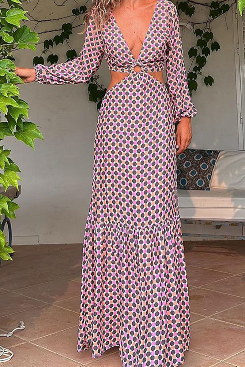 Kaynafashions - Sexy Geometric Print Asymmetrical V Neck Printed Dress Dresses