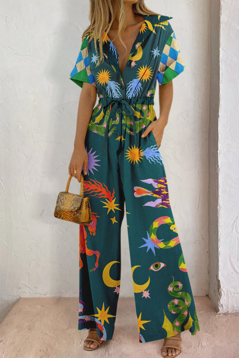 Kaynafashions - Casual Print Pocket Turndown Collar Loose Jumpsuits
