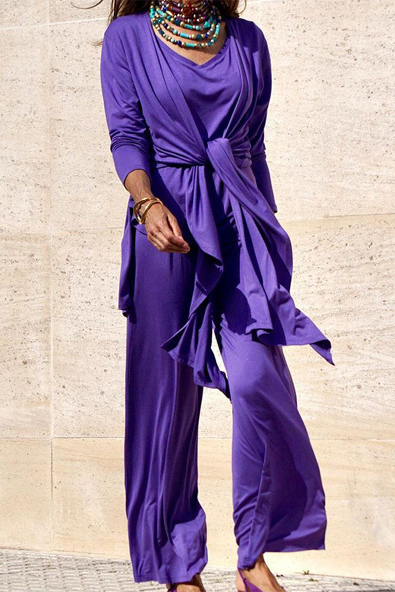 Kaynafashions - Solid Solid Color O Neck Long Sleeve Two Pieces(3 Colors)