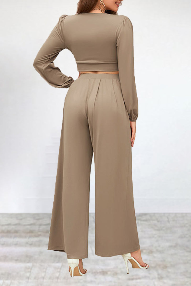 Kaynafashions - Casual Simplicity Solid Fold V Neck Long Sleeve Two Pieces