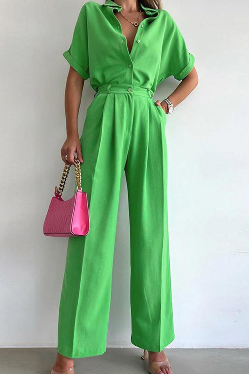 Kaynafashions - Casual Solid Patchwork Turndown Collar Short Sleeve Two Pieces