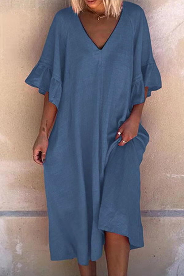 Kaynafashions - Casual Solid Patchwork Flounce V Neck Dresses