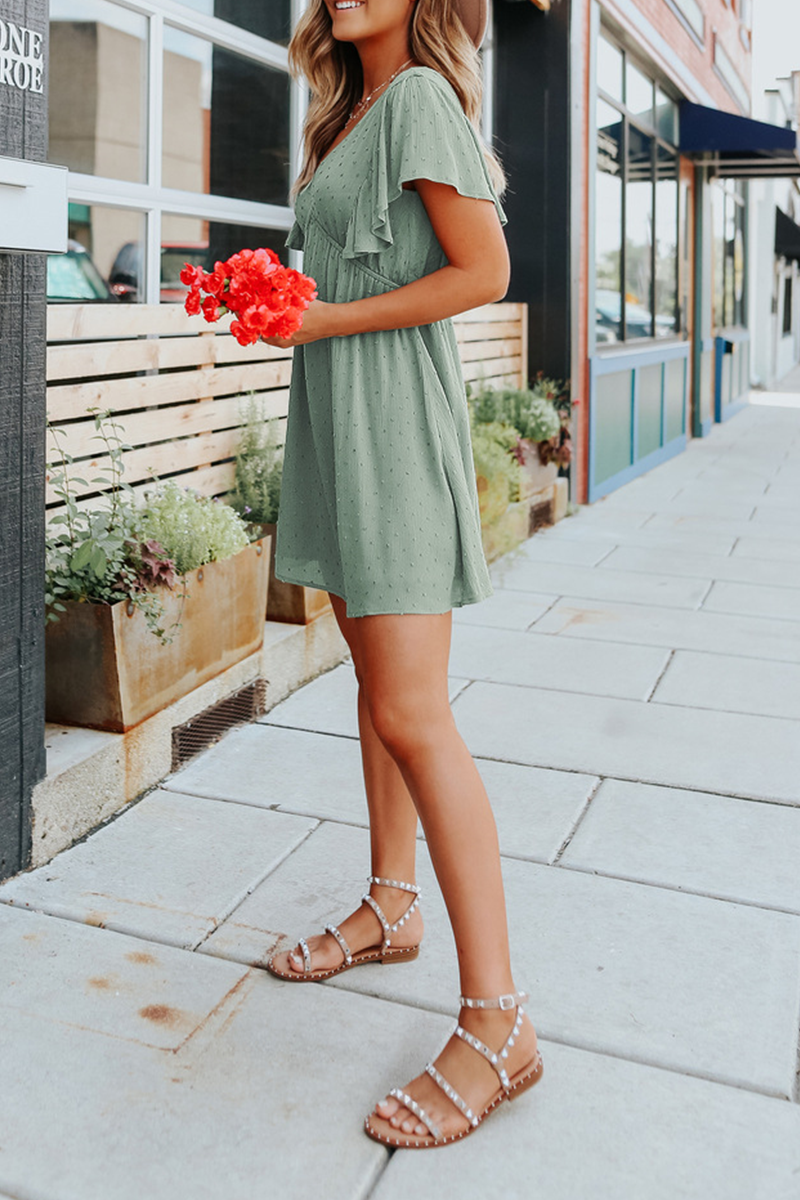 Kaynafashions - Casual Solid Flounce V Neck Cake Skirt Dresses(5 colors)