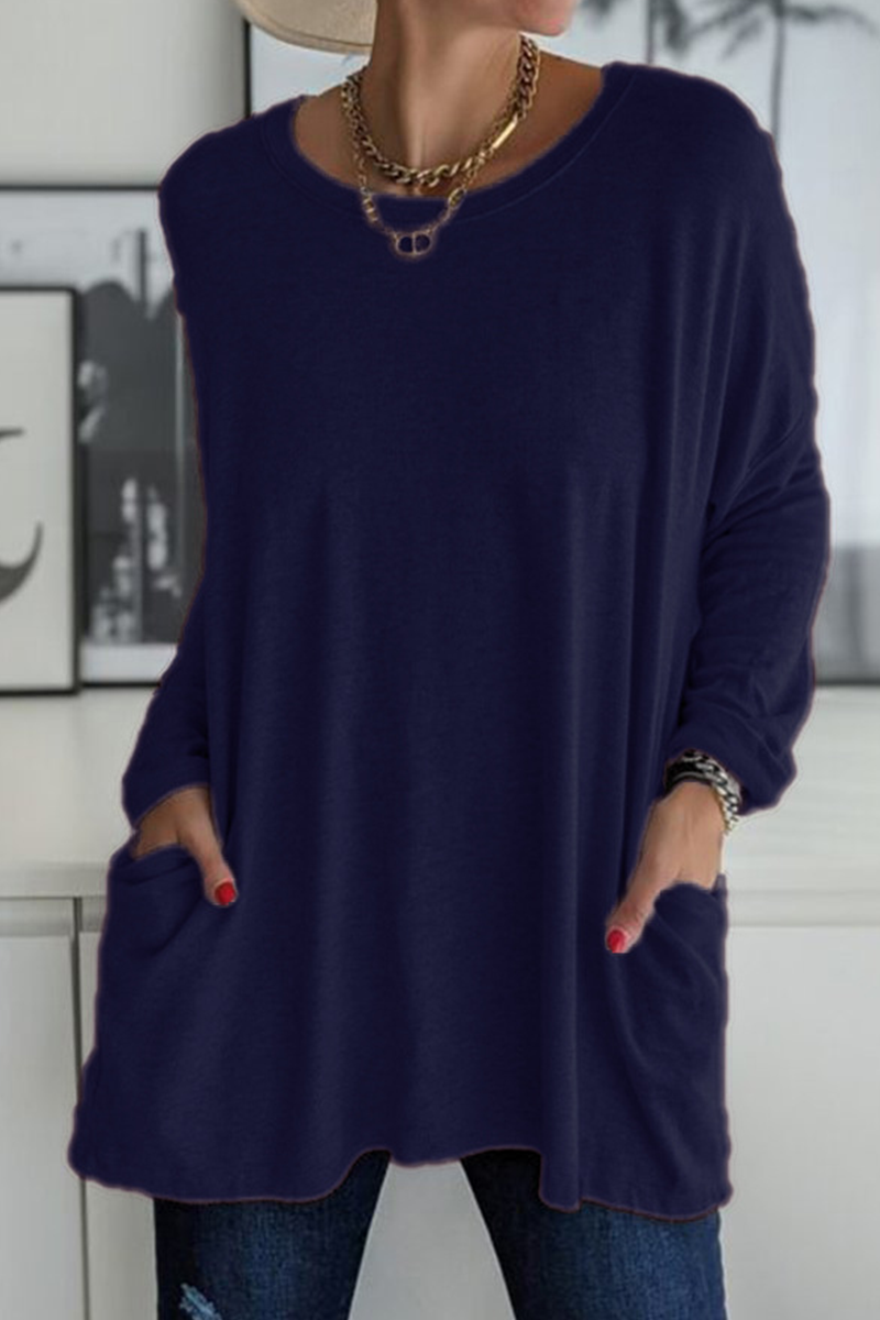 Kaynafashions - Casual Solid Patchwork Pocket O Neck Tops