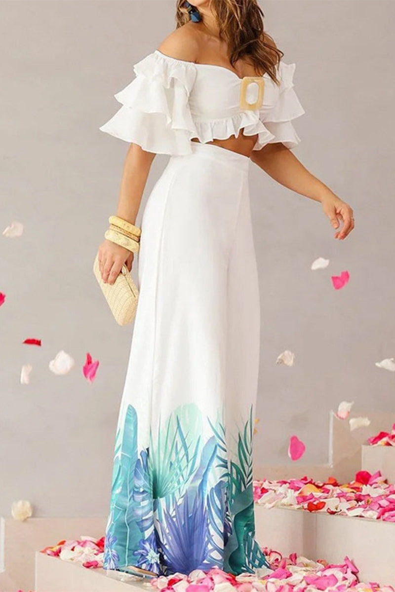 Kaynafashions - Elegant Print Patchwork Off the Shoulder Short Sleeve Two Pieces