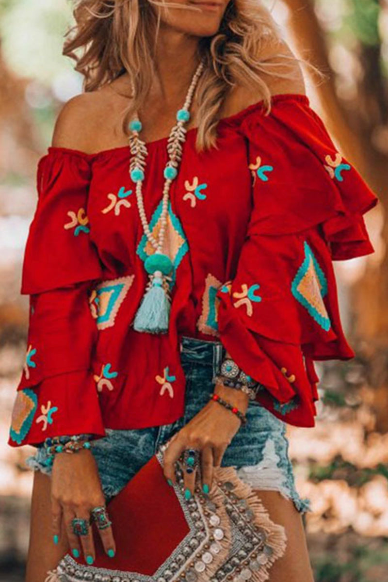 Kaynafashions - Bohemian College Geometric Patchwork Off the Shoulder Tops