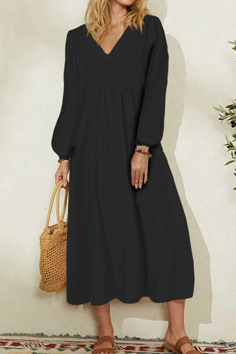 Kaynafashions - Fashion Work Solid Fold V Neck Long Dress Dresses(4 colors)