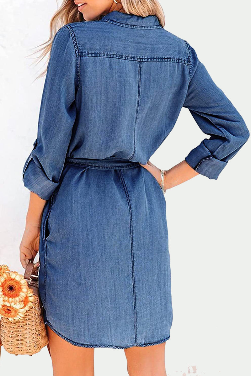 Kaynafashions - Elegant Solid Frenulum Turndown Collar Long Sleeve Loose Denim Dresses