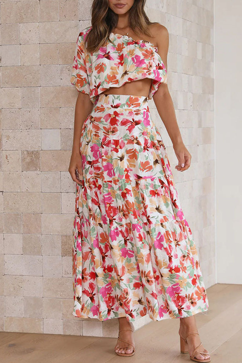 Kaynafashions - Sweet Elegant Floral Asymmetrical Oblique Collar Short Sleeve Two Pieces