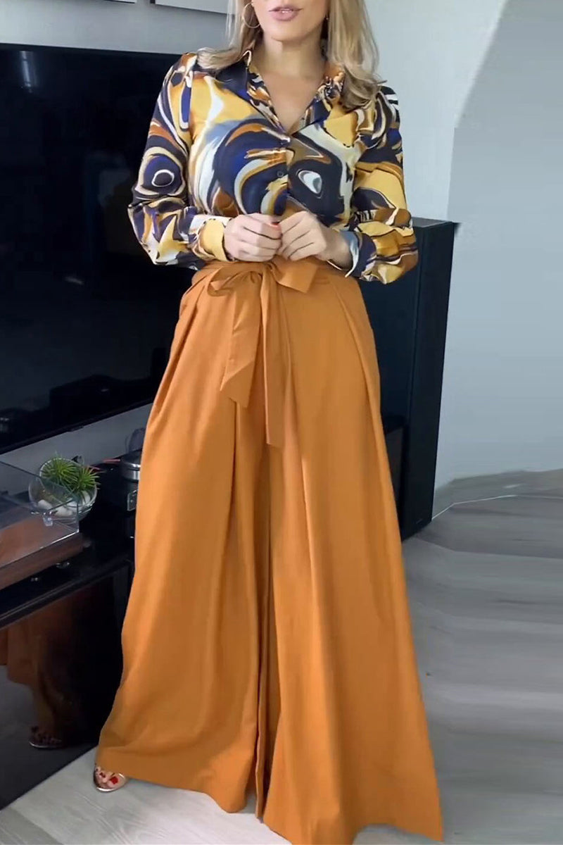 Kaynafashions - Elegant Floral Bandage Turndown Collar Long Sleeve Two Pieces