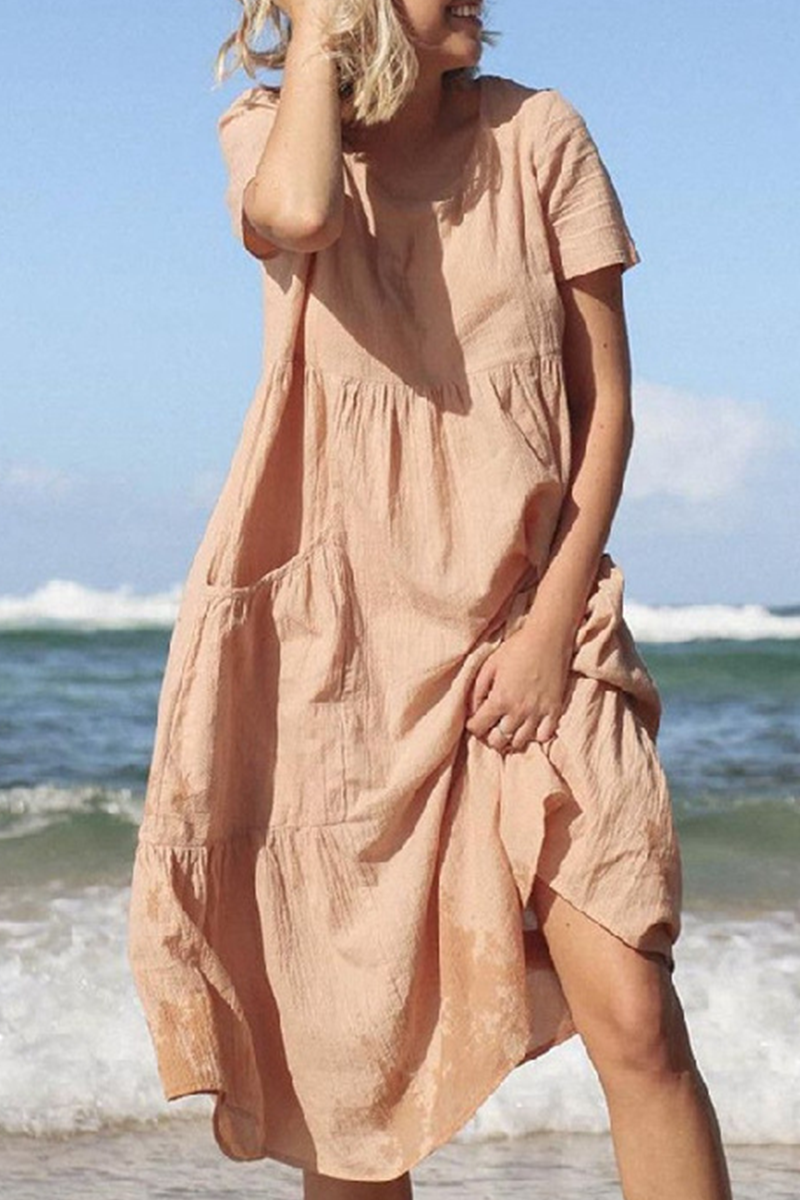 Kaynafashions - Casual Solid Patchwork O Neck Straight Dresses(5 Colors)