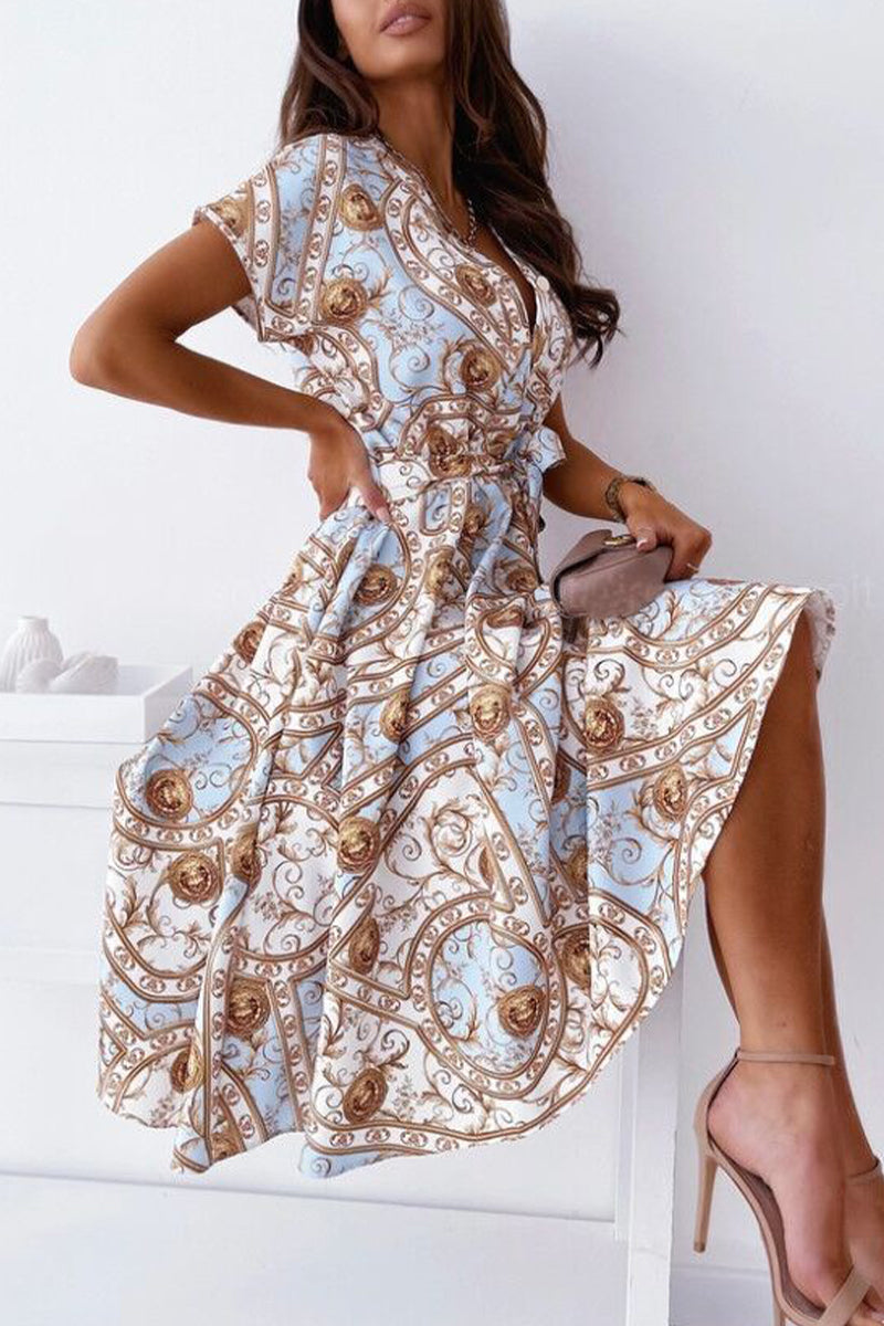 Kaynafashions - Celebrities Elegant Print Patchwork V Neck Shirt Dress Dresses