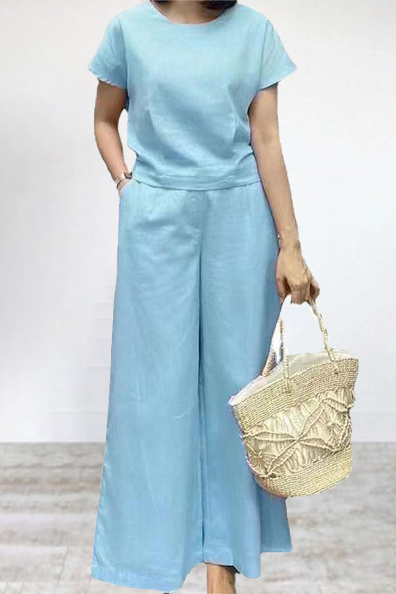 Kaynafashions - Casual Solid Pocket Solid Color O Neck Short Sleeve Two Pieces