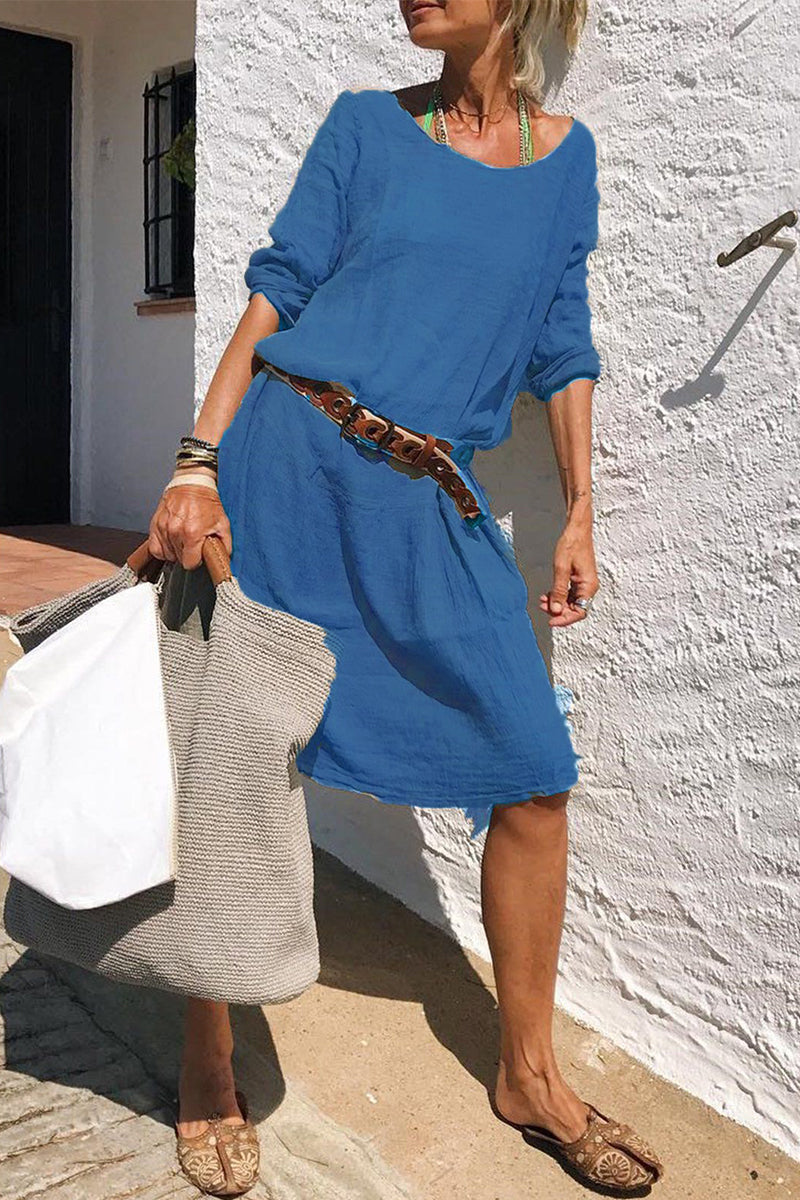 Kaynafashions - Casual Simplicity Solid Without Belt Solid Color O Neck Long Sleeve Dresses